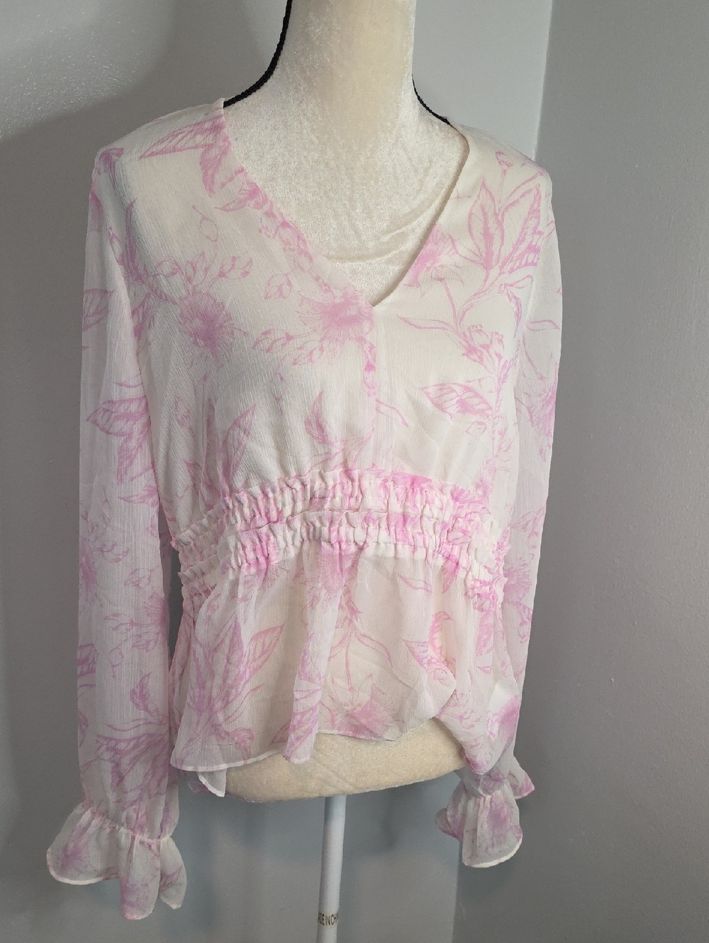Express Sheer Blouse with Pink Floral Print / Large